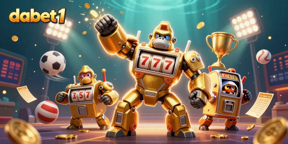 dabet1 transforms the casino scene with a dynamic golden gorilla mech, slot elements, and vibrant sports action