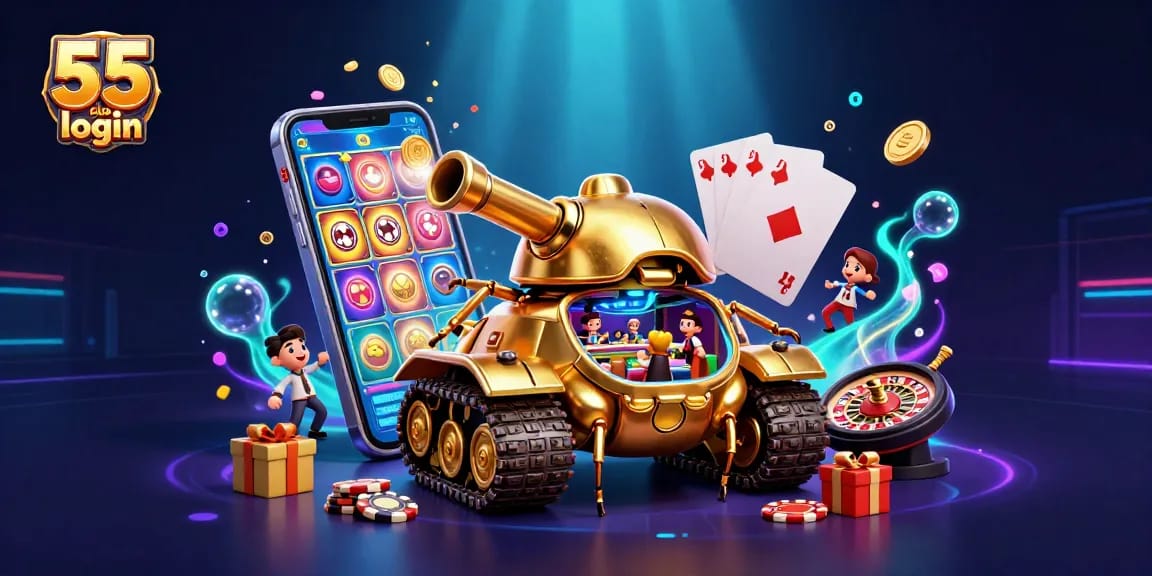 Experience the excitement of the 55 club login with vibrant casino elements and dynamic game visuals.
