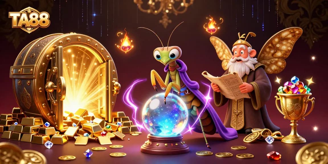 TA88 showcases vibrant 3D casino elements with fortune teller, gems, and treasures.