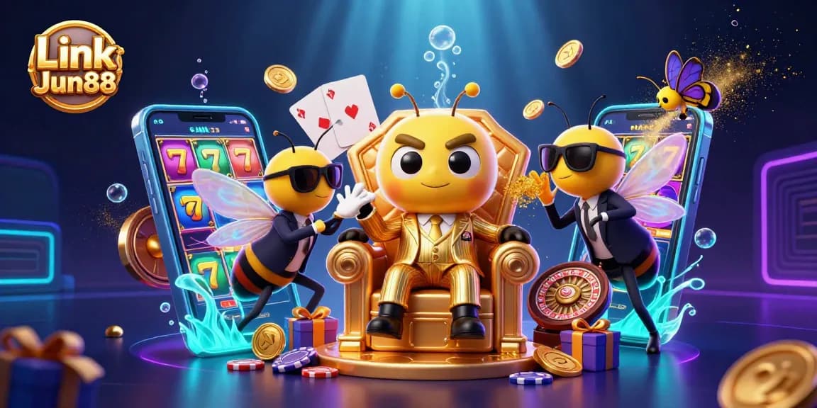 Experience thrilling gameplay with Link Jun88 in vibrant 3D casino illustration, showcasing slots, cards, and golden coins.