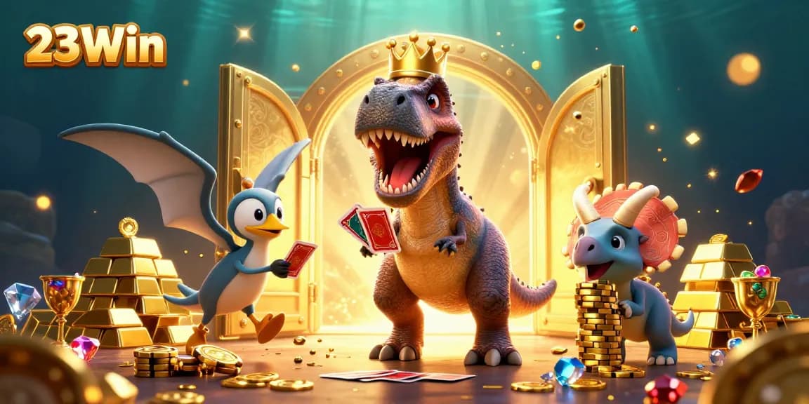 Engage with 23Win's thrilling casino world featuring T-Rex playing cards amidst a dazzling treasure vault scene.