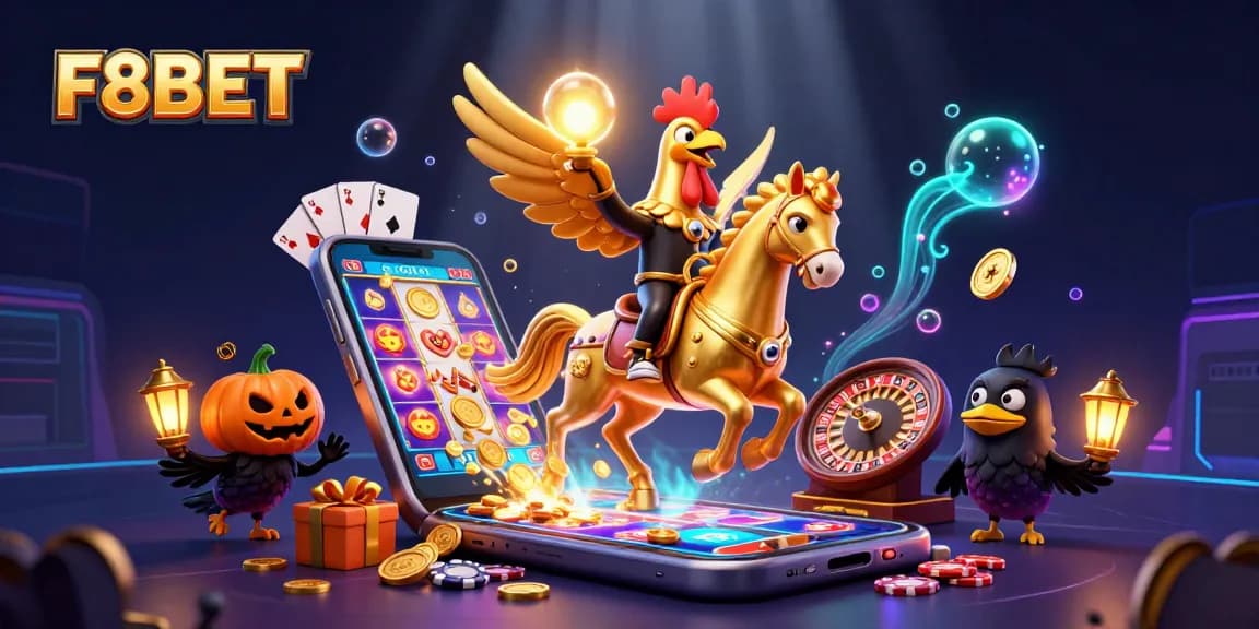 Experience F8BET with a dynamic scene of a golden rooster in a casino full of vibrant game elements.