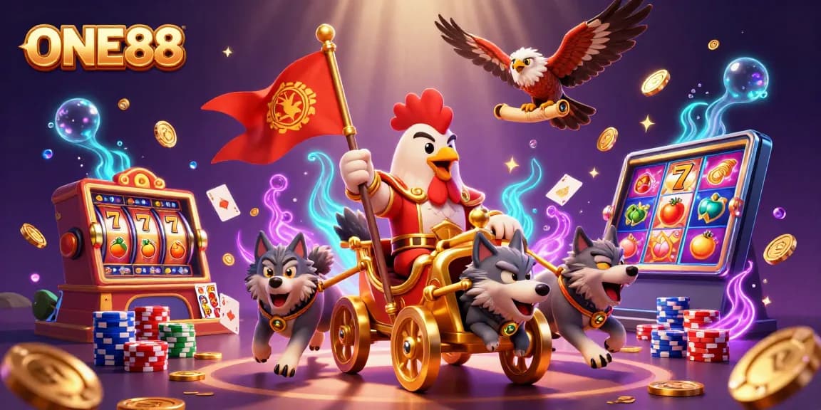 Immerse in an epic ONE88 casino adventure with a rooster warlord and dazzling gold treasures.