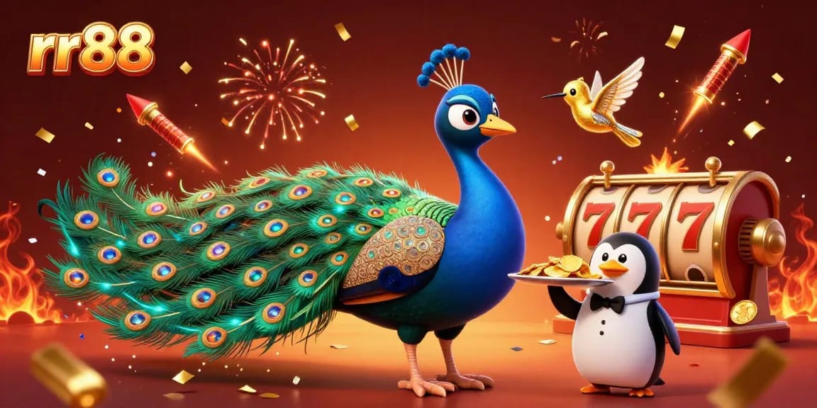Experience the vibrant excitement of rr88 with an enchanting scene featuring a peacock, butler, and hummingbird amidst colorful casino elements.