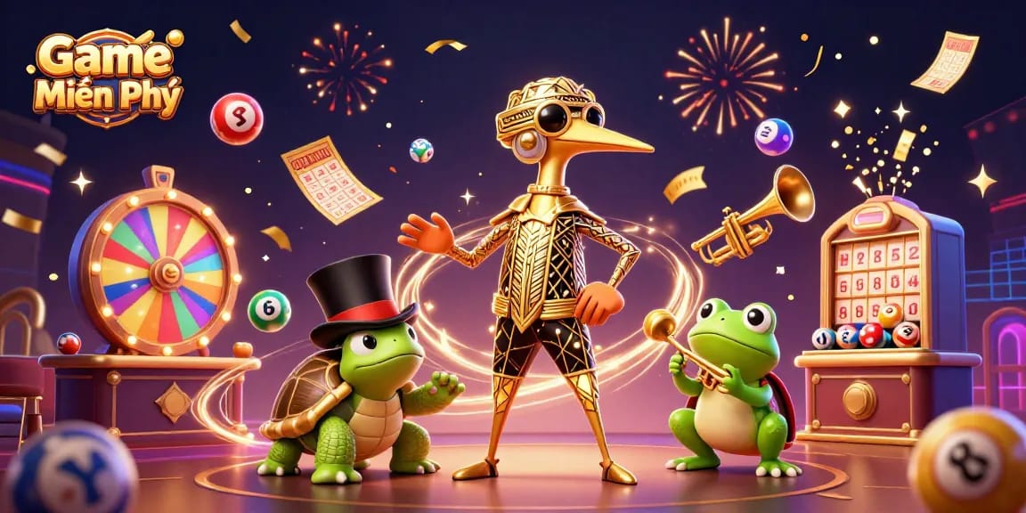 Engage in Game Miễn Phí with a vibrant 3D scene of a crane, turtle, and frog amid dynamic lottery elements.