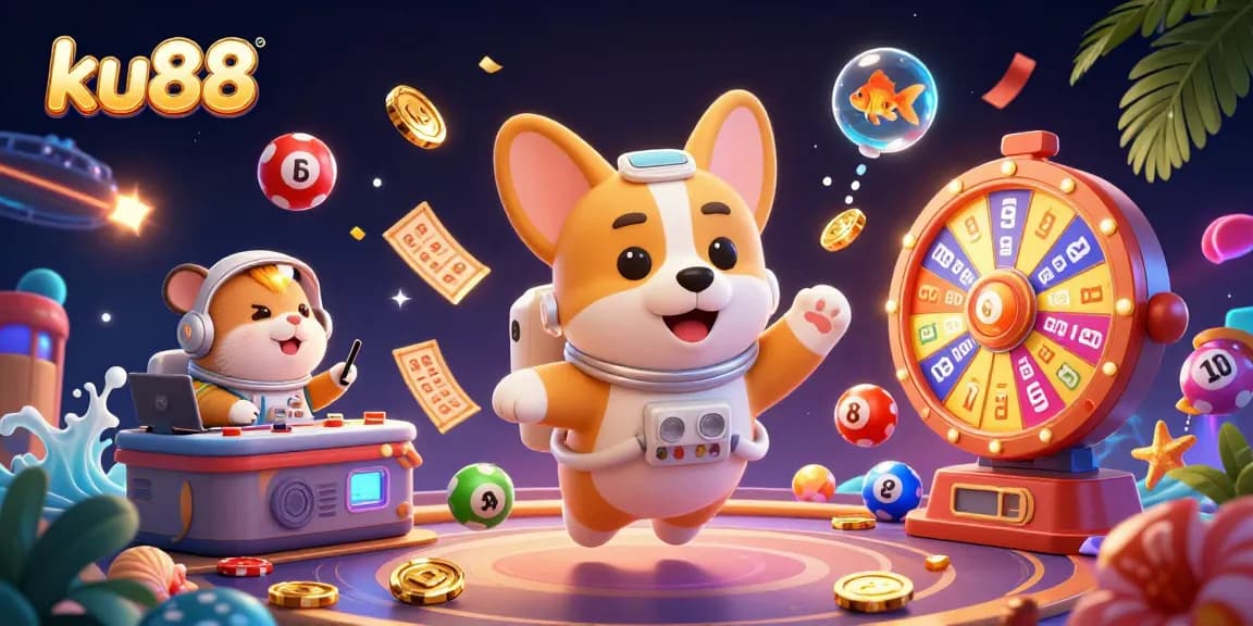 ku88 offers an engaging space casino scene with vibrant lottery elements and dynamic characters