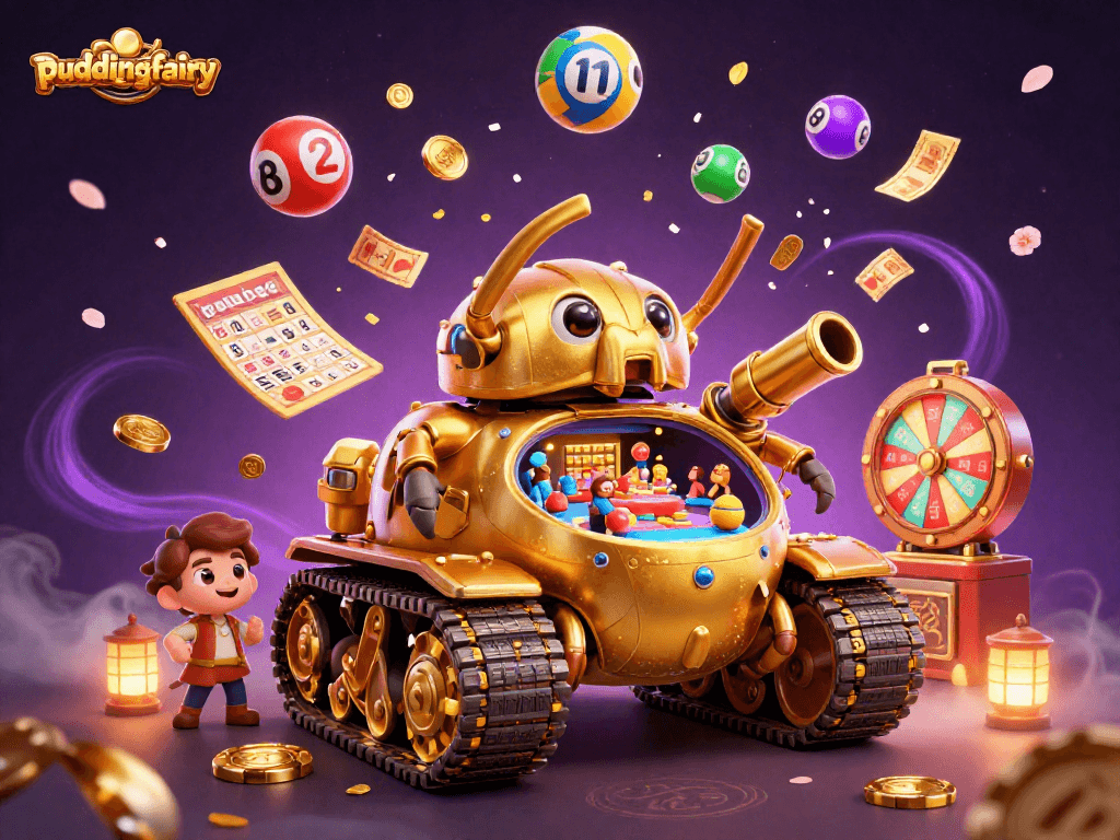 Puddingfairy showcases a golden beetle tank revealing a miniature casino amidst colorful lottery balls, creating excitement.