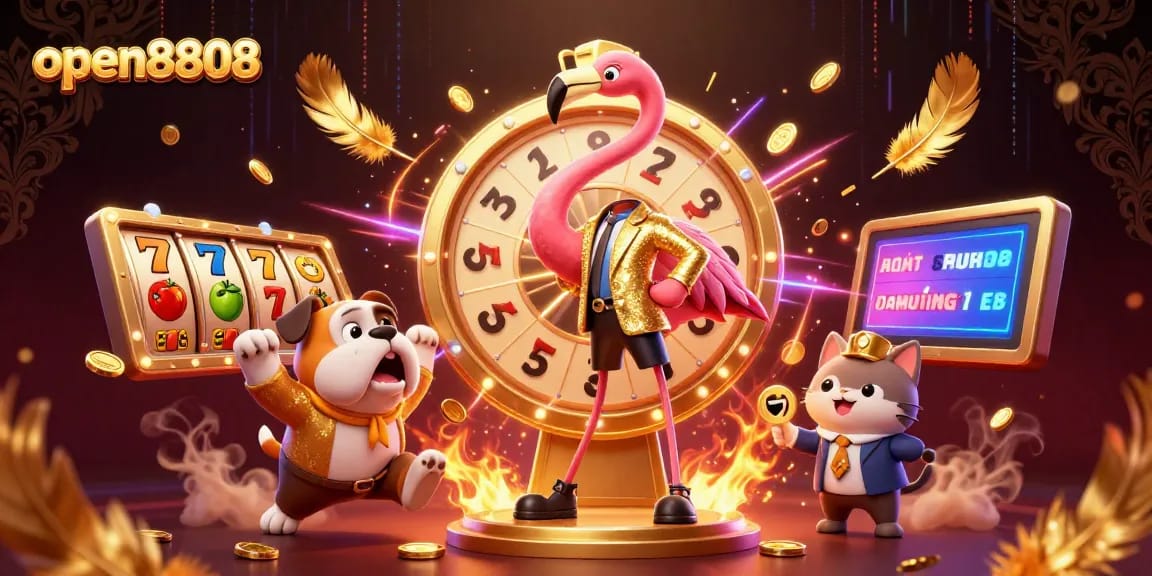 Experience the thrill of open8808's exciting slots with a vibrant cartoon scene.