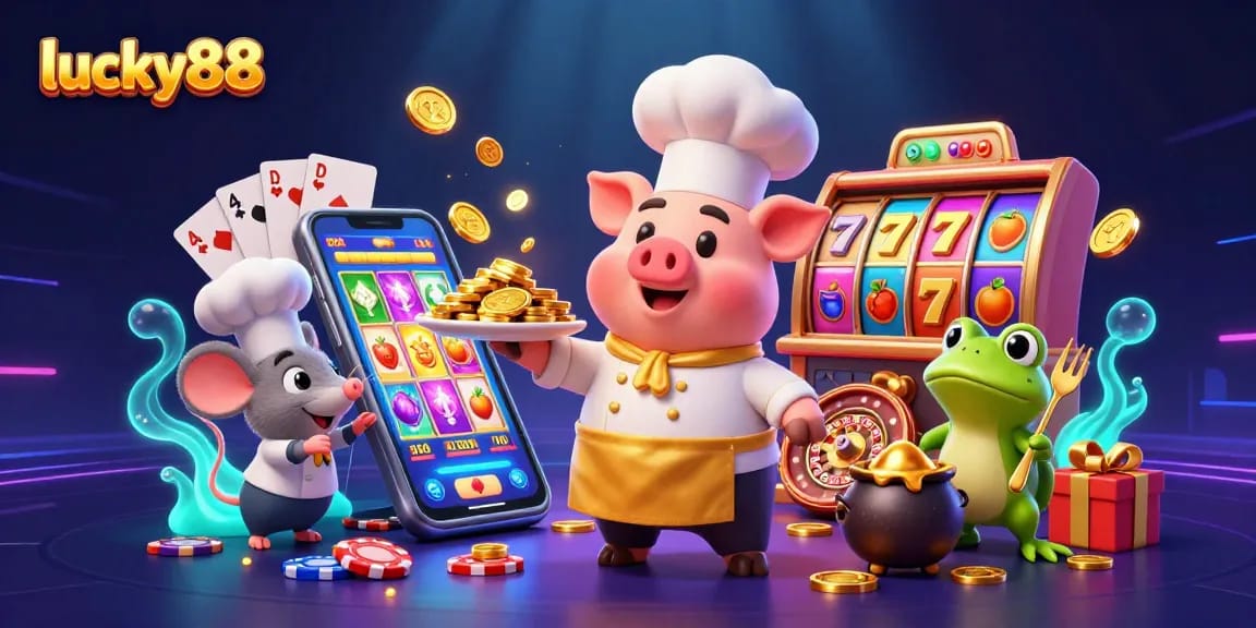 Experience thrilling gameplay with lucky88, featuring a gourmet pig chef serving gold coins in a dynamic casino scene.