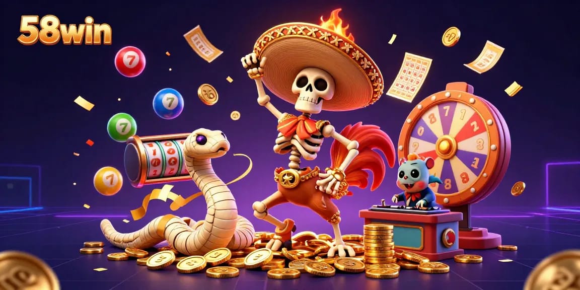 Experience the thrill with 58win's dynamic casino scene, featuring vibrant characters and lively gameplay elements.