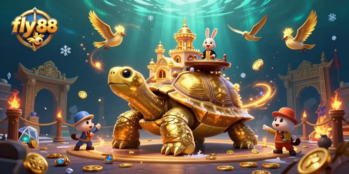 Engage with fly 88's thrilling casino adventure featuring a golden tortoise and card play.