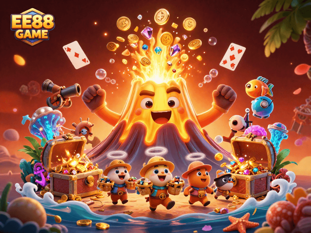 Engage with the thrilling EE88 GAME experience featuring gold coins and treasure in a vibrant 3D scene.