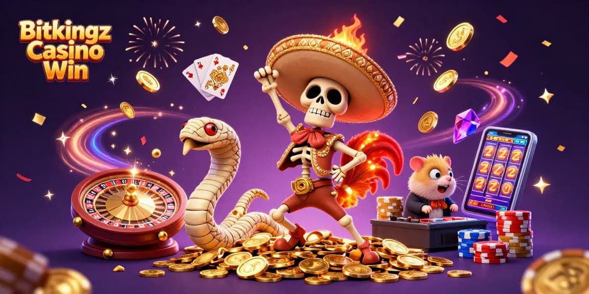 Bitkingz Casino Gewinn: Ein feuriger Sieg mit bunten Spielautomaten und Glückssymbolen.