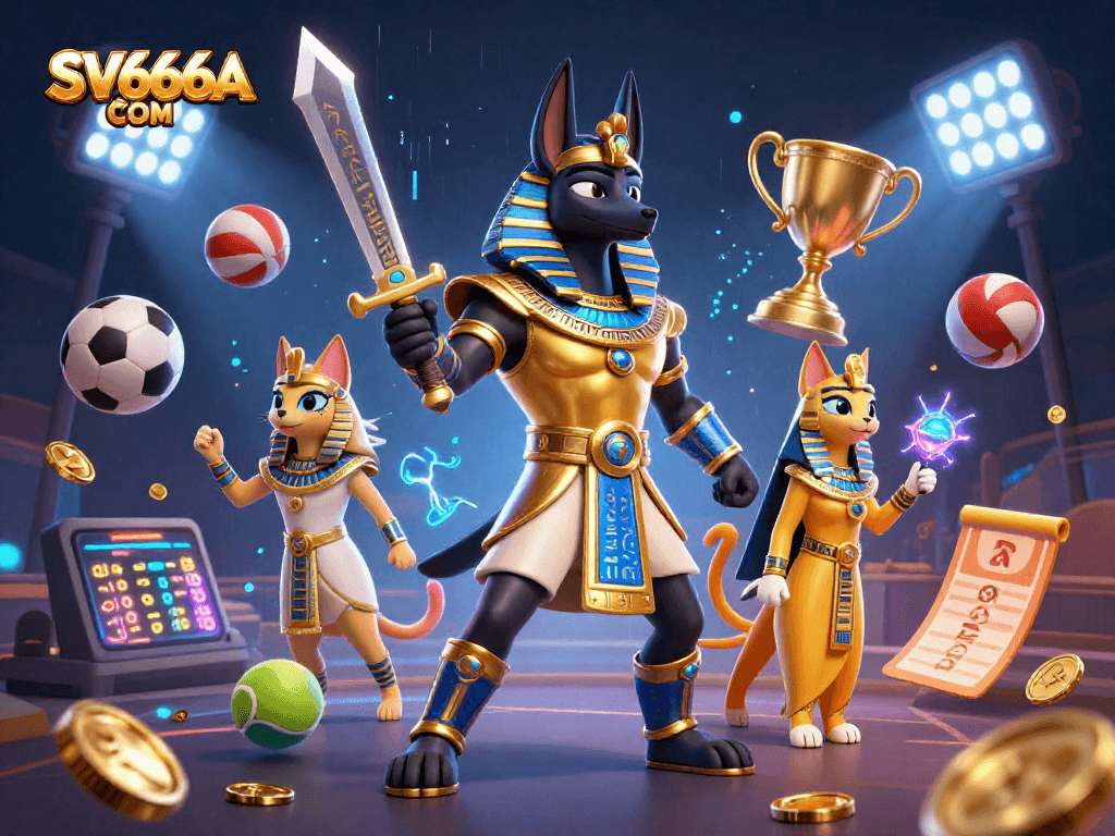 Experience top gaming action with SV666A COM's dynamic gambling scene featuring Anubis and Bastet.