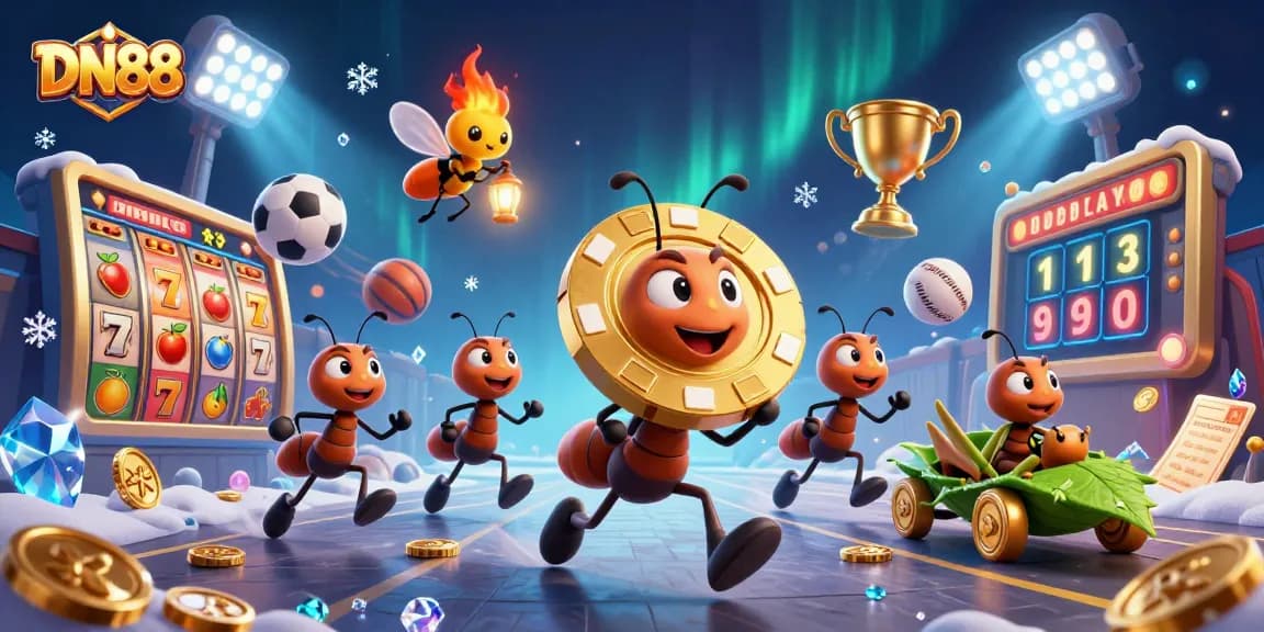Experience DN88's thrilling gameplay as cartoon ants carry a giant poker chip in a vibrant casino heist scene.