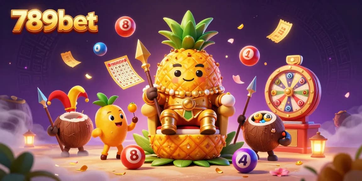 Experience 789bet with a vibrant 3D casino illustration showcasing a golden pineapple king and lively game elements.