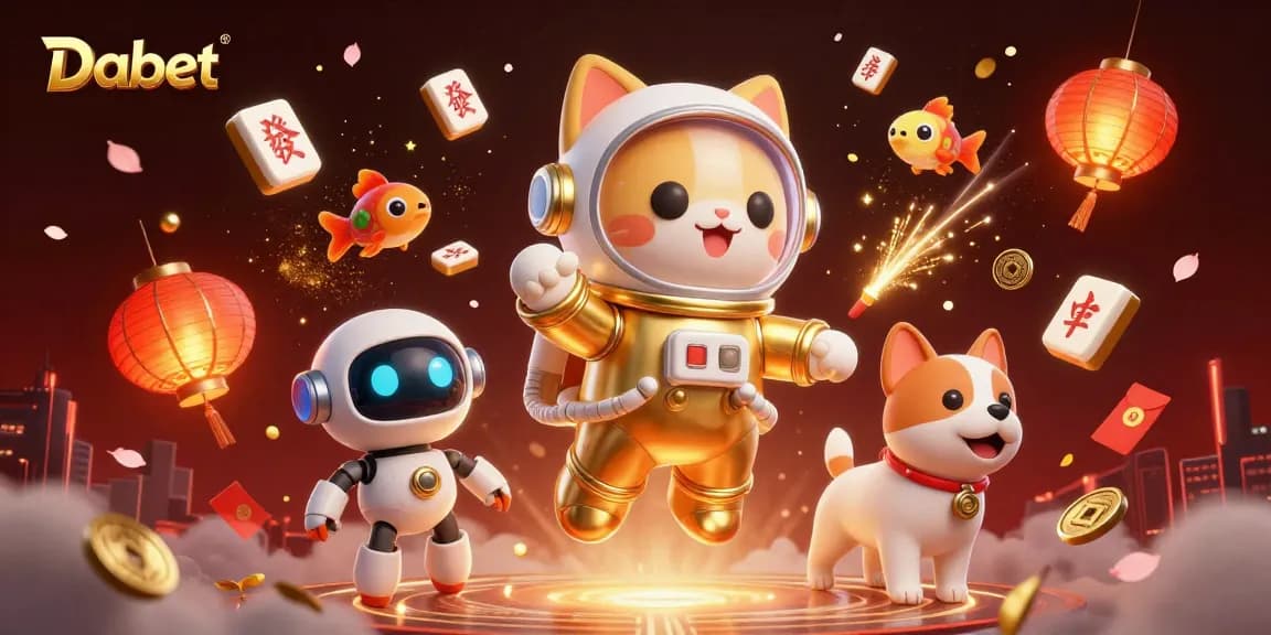 Dabet showcases a vibrant cosmic casino scene with a floating astronaut cat, a rocket-powered dog, and festive game elements.