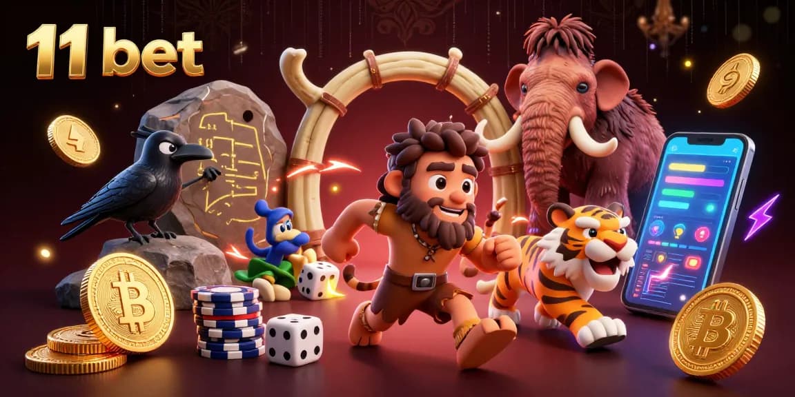 Join the fun at 11 bet with a prehistoric casino scene featuring unique characters and crypto elements.