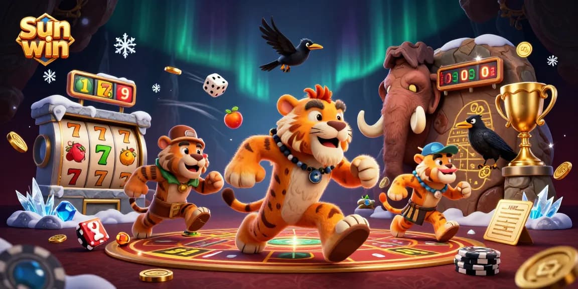 Experience exciting gameplay at Sun win with thrilling slot reels and playful cavemen in a rich casino setting.