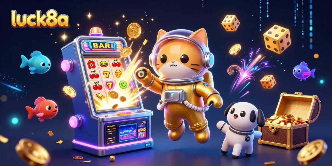 Experience the excitement of luck8a with a vivid slot machine explosion and animated cosmic characters.