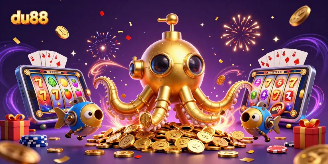 Experience du88’s vibrant slot gaming scene with a golden kraken submarine and dynamic game elements.