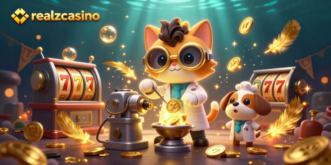 Erlebe Realzcasino mit feurigen Spielautomaten und schimmernden Goldmünzen in einem bunten Casino-Szenario.
