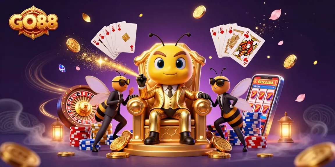 Engage with GO88 casino thrills featuring a bumblebee mob boss, roulette wheel, and vibrant game elements.
