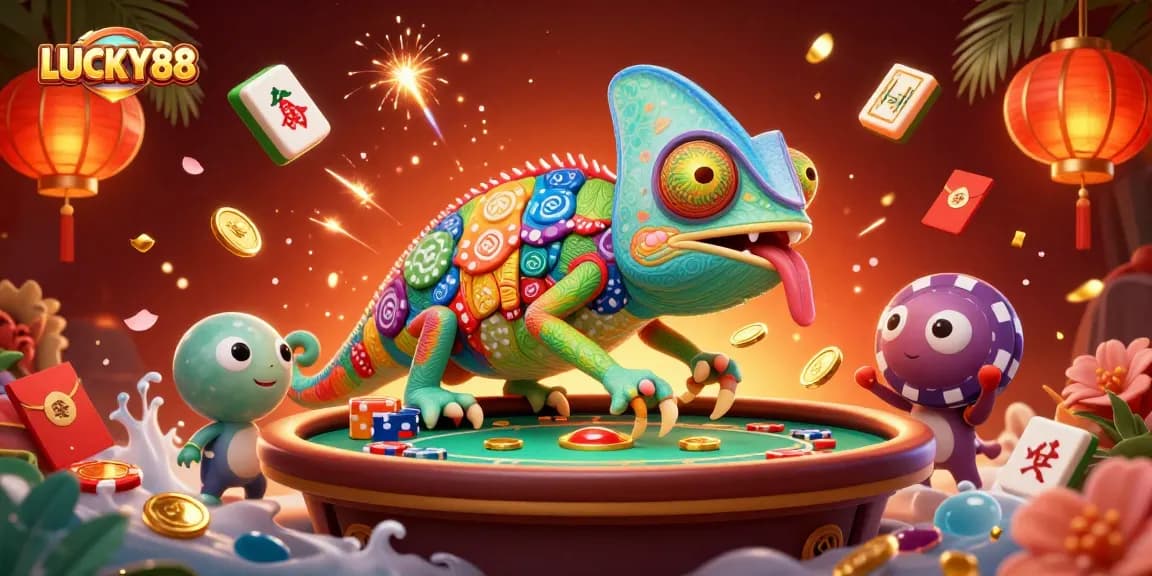 LUCKY88 chameleon casino owner snatches golden coins in dynamic, festive casino scene