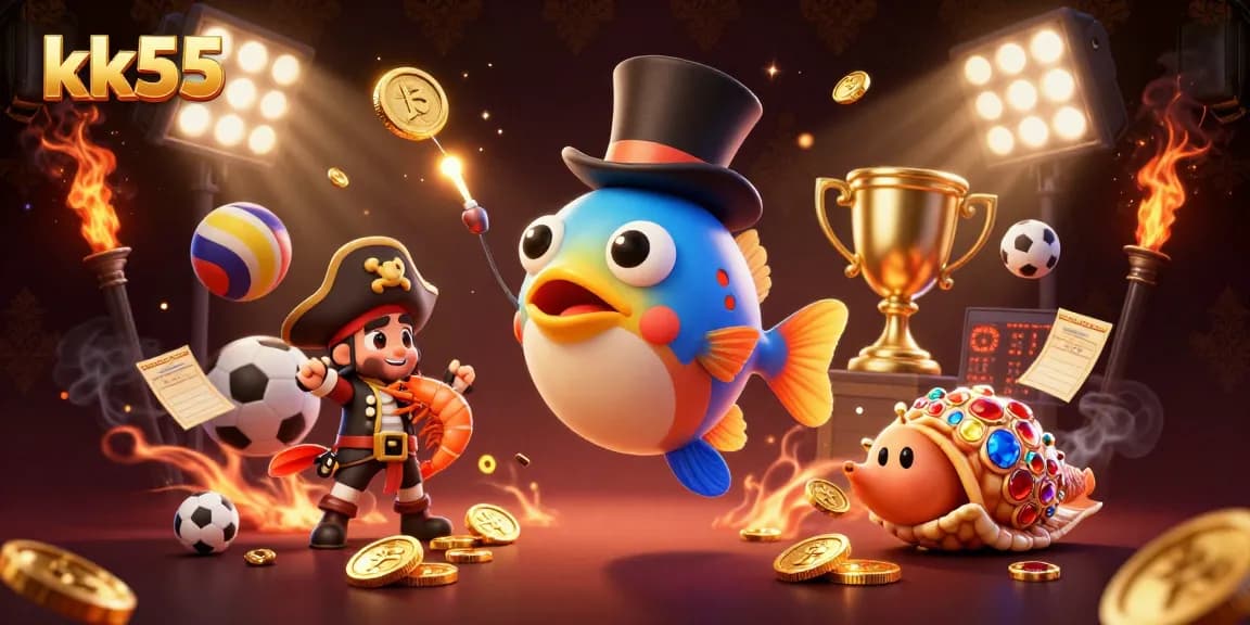 Engage with kk55's thrilling gaming atmosphere featuring an anglerfish, shrimp, and snail in a vibrant scene.
