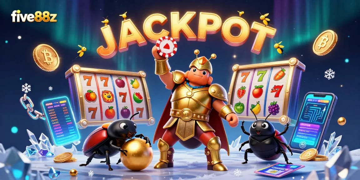 Engage with five88z casino's slots genre, celebrating a jackpot win with vibrant, animated characters.