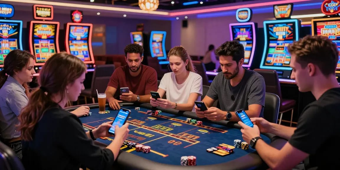 Engagierte Spieler, die Paysafe Card Casino Optionen in einem lebhaften Online-Umfeld mit lebendigen Spielen und Neonlichtern nutzen.