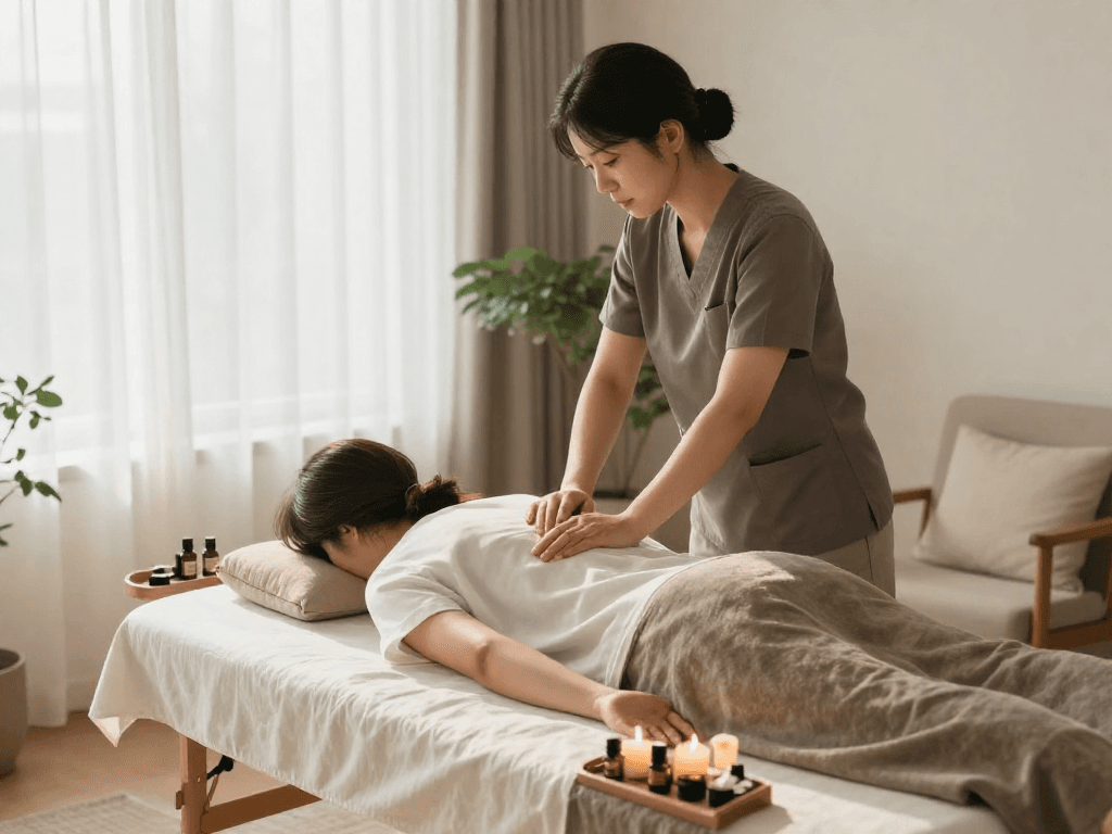 Experience premium 구로출장마사지 with a therapist providing soothing care in a serene home setting.