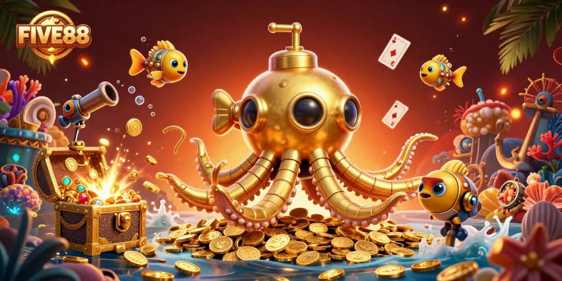 Experience the excitement of FIVE88 with vibrant casino elements exploding in a sea of winning treasures.