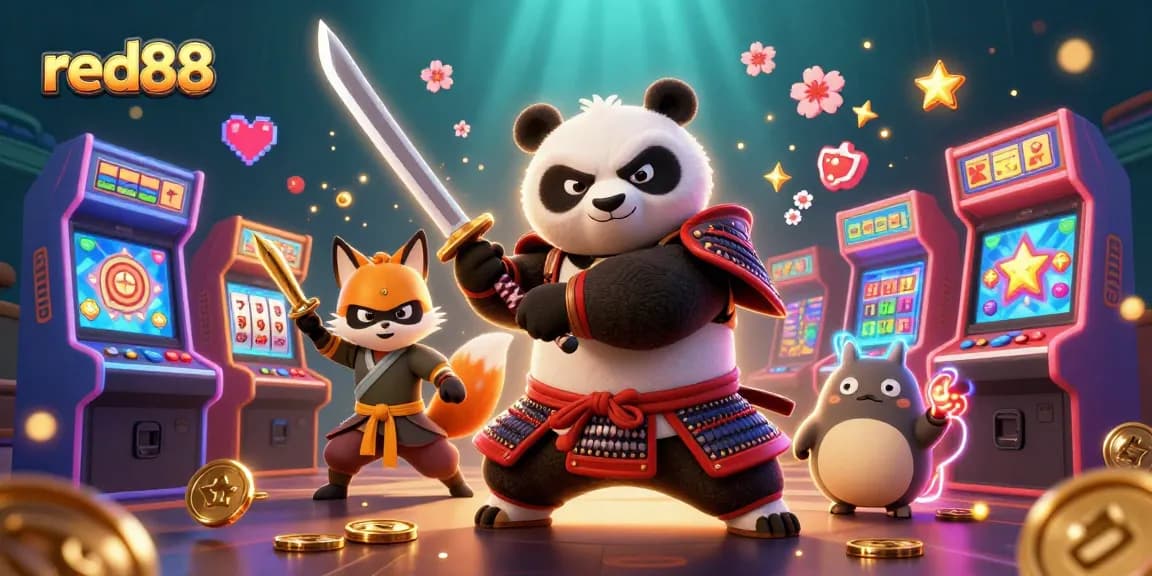 Engage with red88 through an energetic 3D casino scene featuring samurai panda and ninja fox.