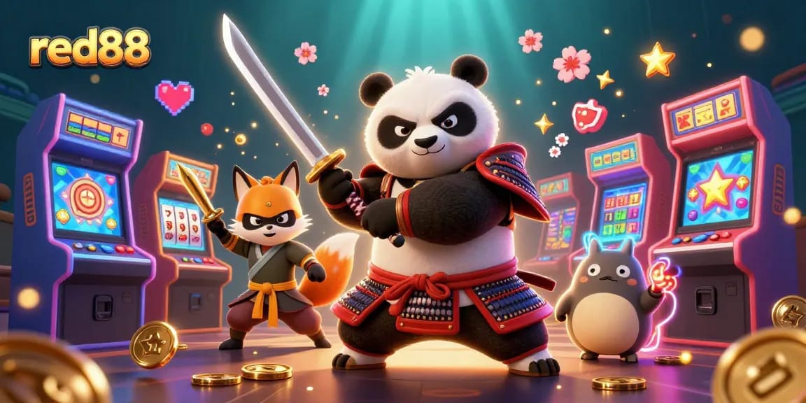 Engage with red88 through an energetic 3D casino scene featuring samurai panda and ninja fox.