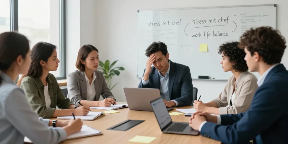 Diskussion über Stress mit Chef in einem modernen Büro, Mitarbeiter bieten Unterstützung und Strategien an.