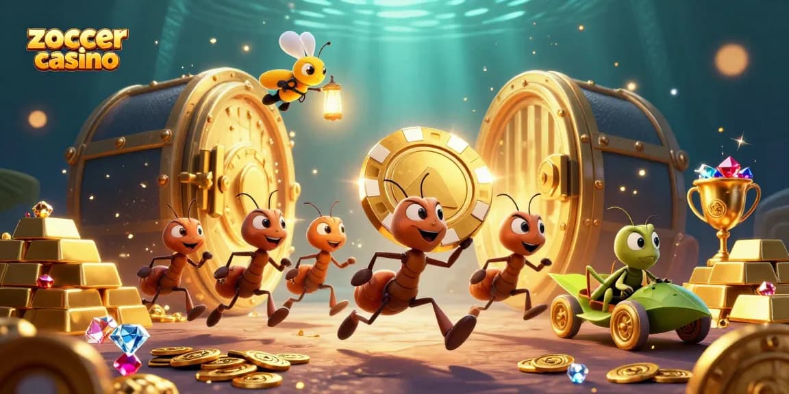 Zoccer Casino's exciting heist scene with 3D ants, poker chip, and treasure in a vibrant digital illustration