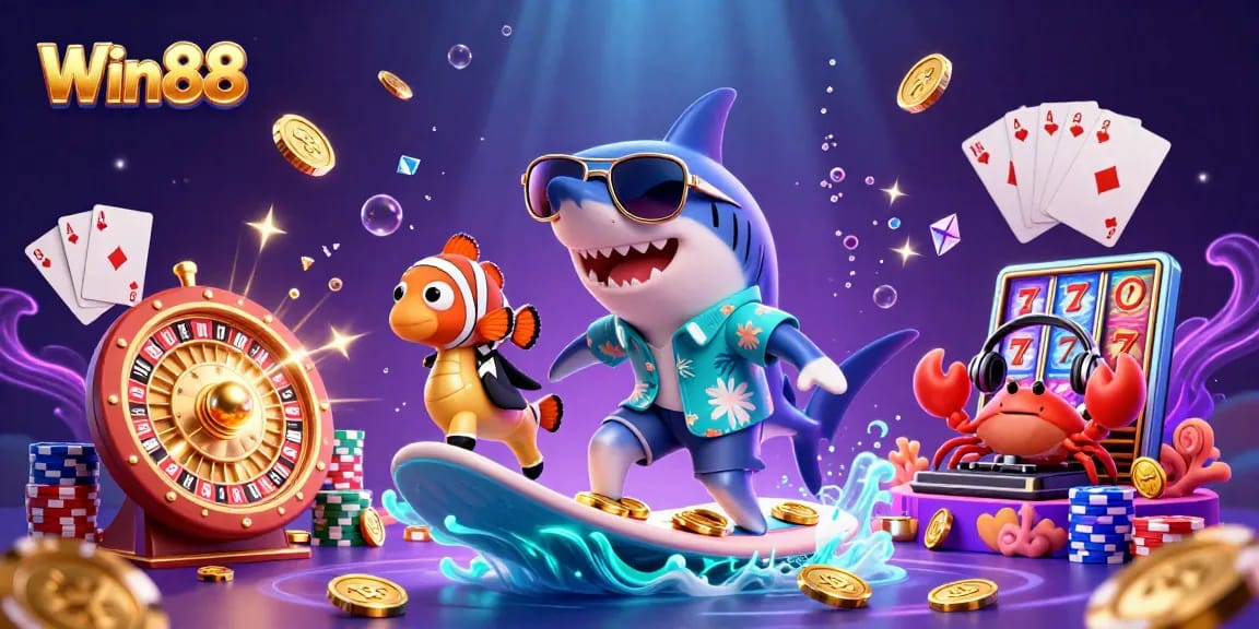 Experience the thrill of Win88 with vibrant casino-themed characters and dazzling elements.