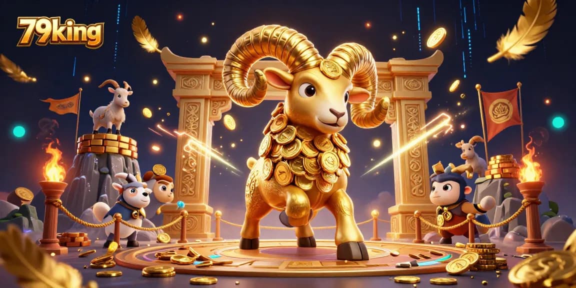 Experience thrilling gameplay at 79king with our 3D cartoon scene of a golden ram charging through a dynamic casino atmosphere.
