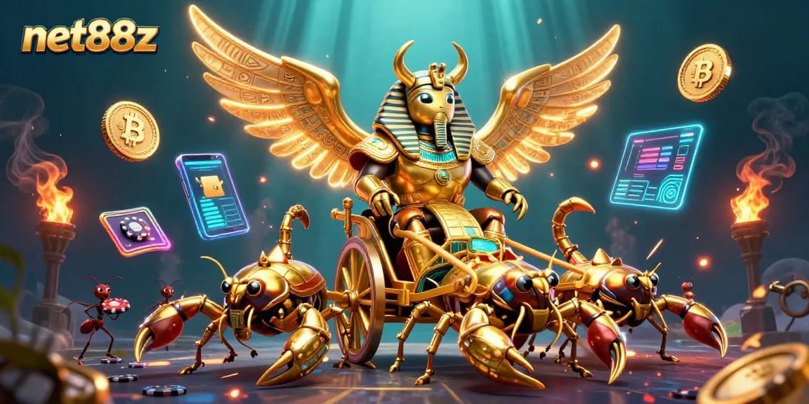 Experience the exciting net88z gaming scene with a colossal scarab beetle and crypto coins.