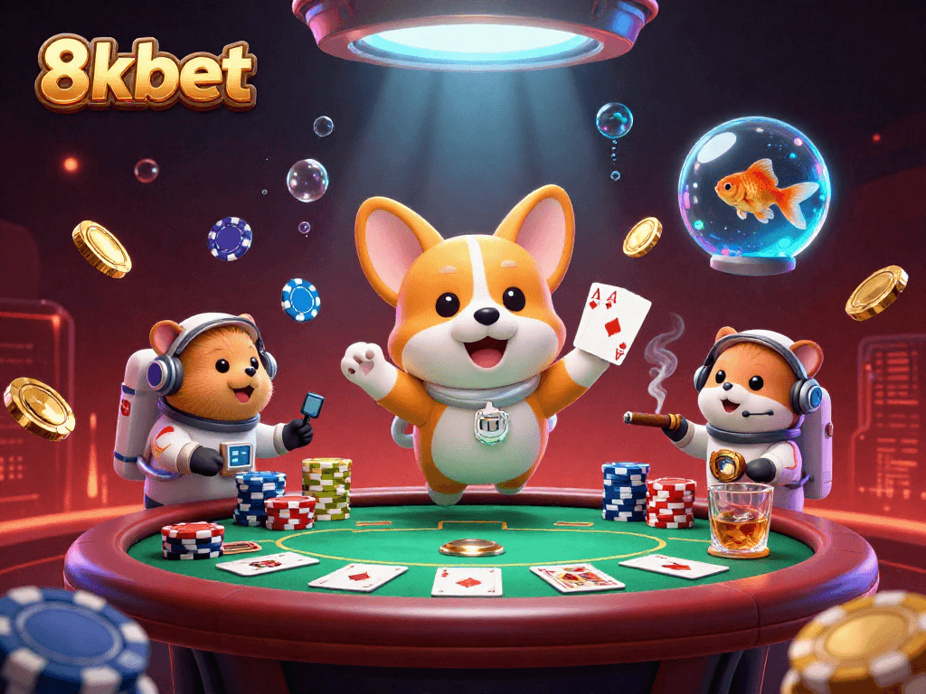 Experience immersive gaming at 8xbet with a thrilling casino scene featuring a floating corgi and vibrant poker elements.