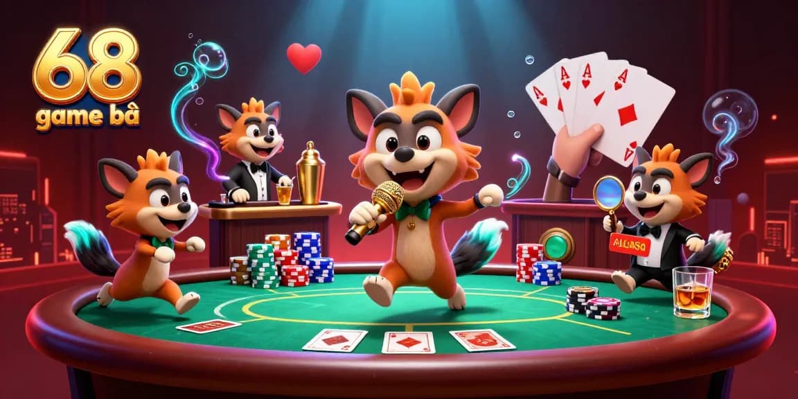 Engage in exciting 68 game bài action with animated hyenas in a lively casino environment, showcasing poker elements.