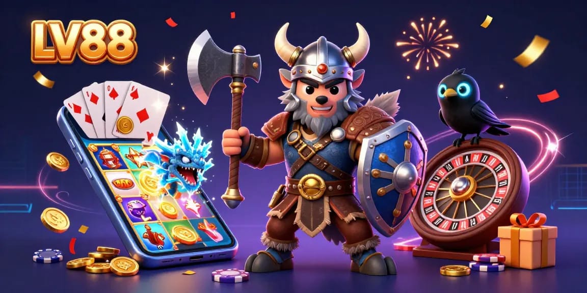 Experience exciting gameplay at LV88 with a Viking warrior, fierce dragon, and casino elements.
