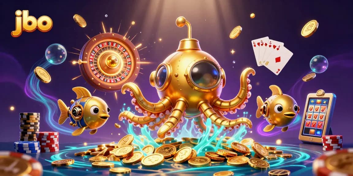Engage in thrilling gameplay at JBO featuring a golden kraken submarine amidst dynamic casino elements.