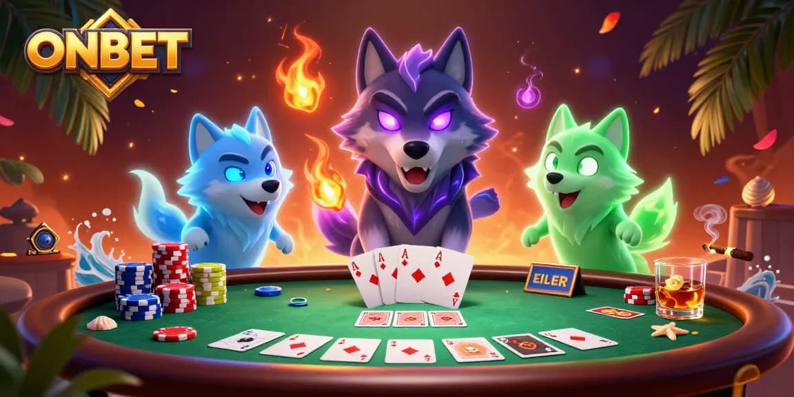 Experience the thrills of ONBET with a dynamic 3D poker scene showcasing wolves and casino elements.