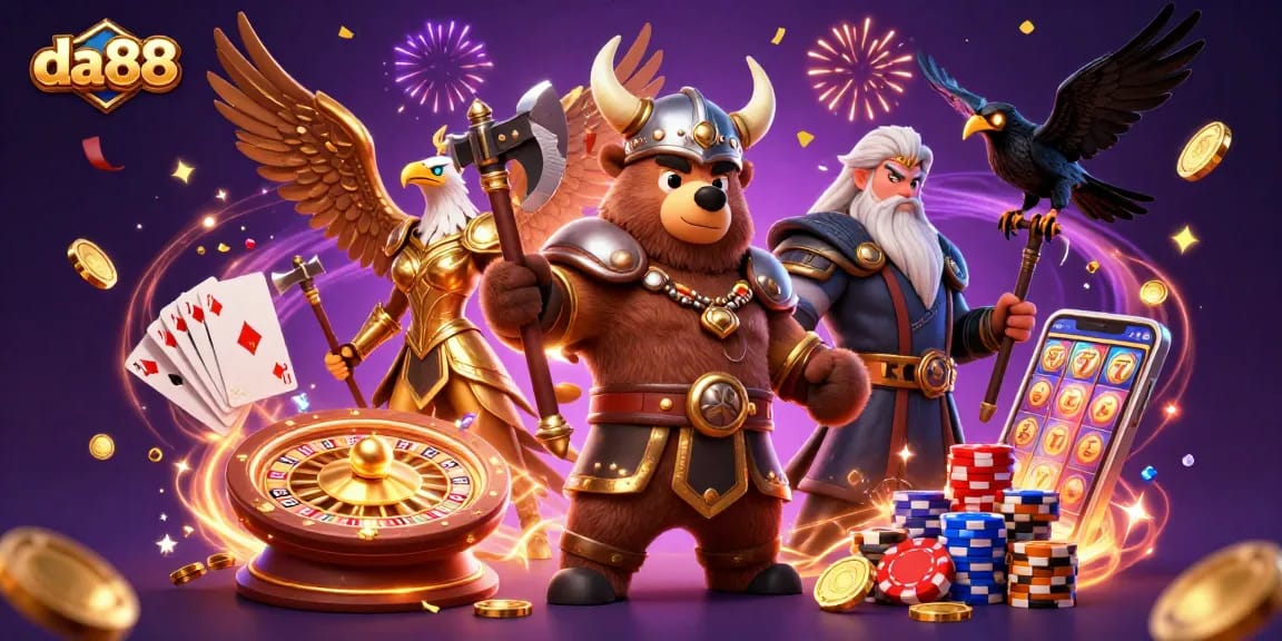 Spin at the da88 casino with Viking hero and Valkyrie amidst golden coins and roulette.