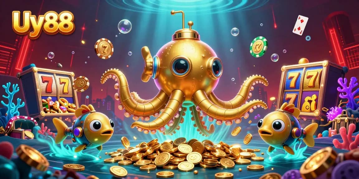 Experience the thrill of Uy88 with an engaging scene of a golden kraken submarine navigating treasures and casino elements.