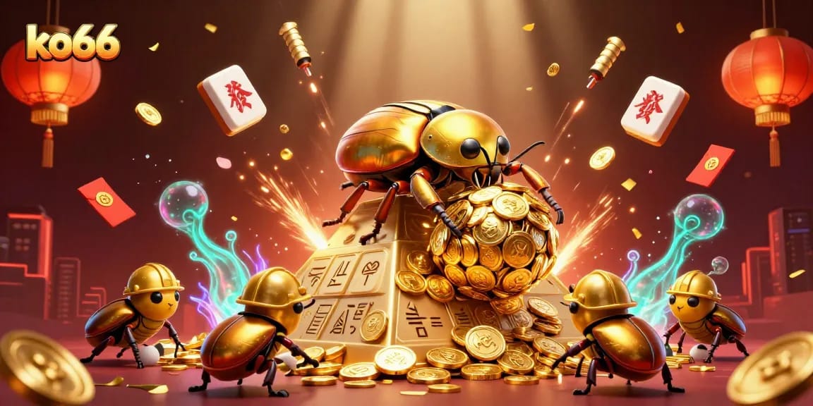 Experience excitement with ko66 at this vibrant 3D casino illustration featuring golden beetles and rich characters.