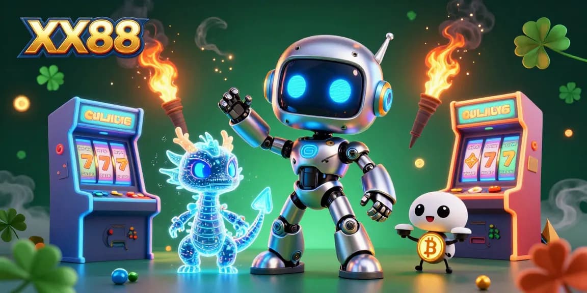Engage with the vibrant world of XX88, featuring a cyberpunk mascot and casino game elements.