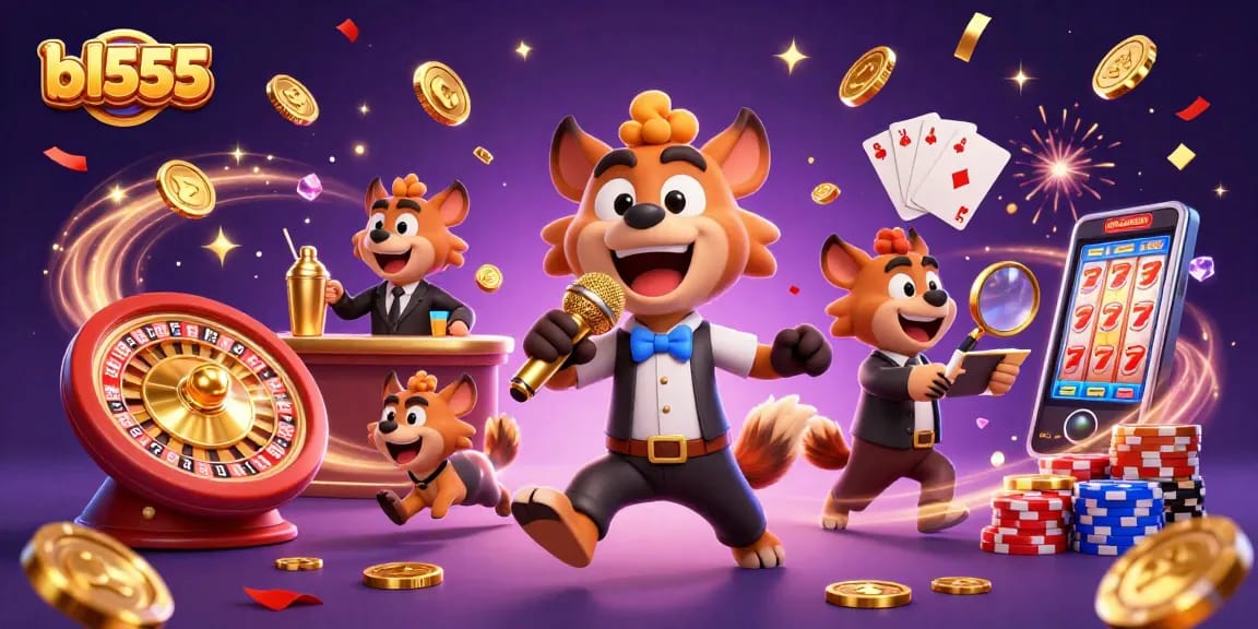 Join the fun at bl555's comedy casino club, featuring lively hyenas, golden coins, and exciting games.